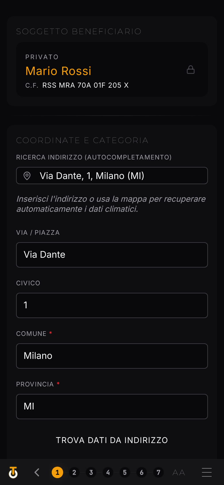 Schermata ThermoThunder — dati del cantiere: indirizzo, soggetto beneficiario e coordinate climatiche compilate.