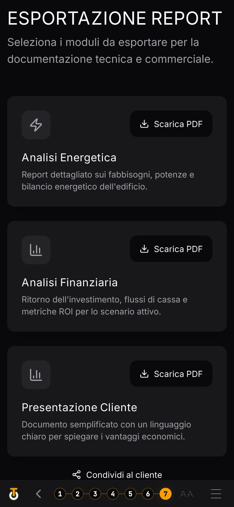 Schermata ThermoThunder — esportazione: report di analisi energetica, analisi finanziaria e presentazione cliente in PDF.